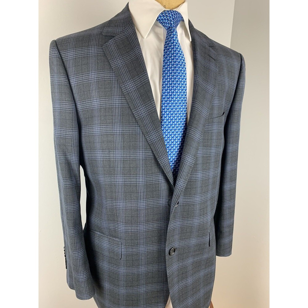 BYRON Men’s Gray Blue Glen Check Plaid Italy Wool Sport Coat Blazer Sz 56 R